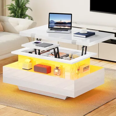 Image de Table basse relevable avec plateau extensible et éclairage LED, de couleur blanche