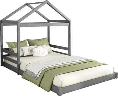 Produktbild von okwish Kinderbett Bodenbett in Hausform 140×200 cm mit Lattenrost, Holzbett Jugendbett für Jungen und Mädchen(Ohne Matratze), Grau