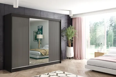 Produktbild von ALTDECOR Kleiderschrank mit Spiegel und Lamel-Schiebetüren, kugelgelagerte Führungsschienen und Aluminium-Leisten, LED-Beleuchtung und Fernbedienung - VILO - 250 cm - Schwarz/Lamelle Schwarz