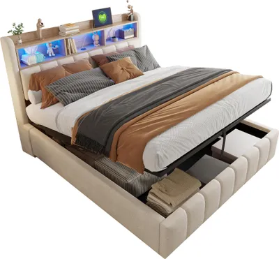 Zdjęcie produktu dla Łóżko tapicerowane 180 x 200 cm z oświetleniem LED i gniazdem USB, z hydrauliką do przechowywania, podwójne, beżowa tkanina lniana