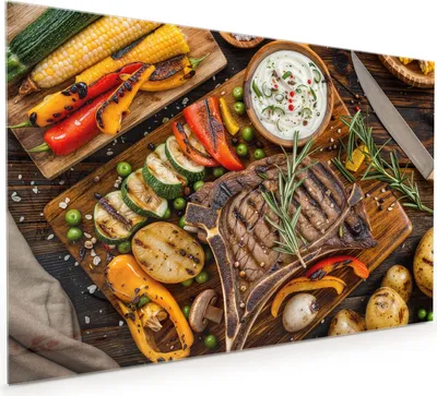 Produktbild von Küchenrückwand Spritzschutz Glas mit Motiv Grillmahlzeit 40 x 40 cm