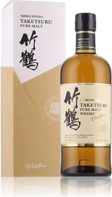A bottle of Nikka Taketsuru Pure Malt whisky and its accompanying box are presented against a white background.