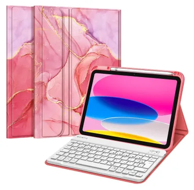 Produktbild von Fintie Tastatur Hülle für iPad 11.Generation 11" 2025, iPad 10. Generation 2022 10.9", Schutzhülle mit TPU Rückschale, Pencil Halter und magnetisch Abnehmbarer Tastatur mit QWERTZ Layout, Marmor Pink
