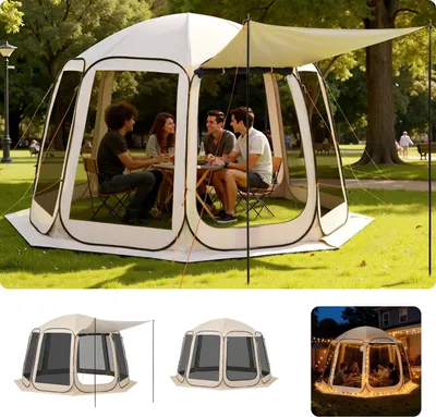 Produktbild von Faltpavillon - Pop-up Partyzelt - Maße 365,76 x 335,28 x 230 cm - Ausziehbare Markise - Für 10–12 Personen - Netz-Seitenwände - Mit Tragetasche - Für Terrasse & Outdoor - Beige