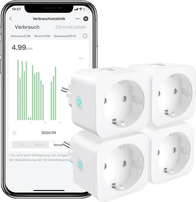 Image de EIGHTREE ET21 Prise intelligente WLAN pack de 4, Smart Home, 16A, compatible Alexa & Google Home, mesure de la consommation électrique, programmation, accès à distance.