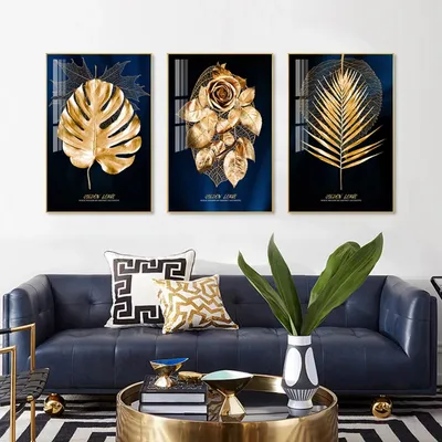 Produktbild von TPFLiving Kunstdruck LW-405 (OHNE RAHMEN) Poster - Leinwand - Wandbild - Hochauflösender Giclée-Druck, langlebig und hochwertig - Goldene Blätter auf blauem Hintergrund  - Wanddeko Wohnzimmer -  - Größe: 25x35cm