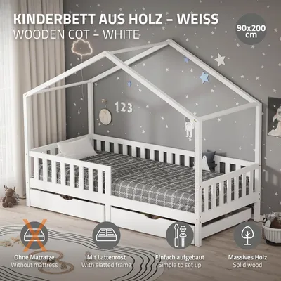 Obrázek produktu pro ML-Design dětská postel domeček postel 90x200 cm bílá se 2 zásuvkami dřevěná postel s roštovým rámem a střechou proti vypadnutí, postel na hraní z borovicového dřeva, podlahová postel