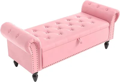 Immagine prodotto di Panca imbottita con spazio contenitore - Poggiapiedi imbottito con braccioli - Ampio spazio di archiviazione - 133 cm - Struttura in metallo - Adatta per camera da letto e soggiorno - Rosa