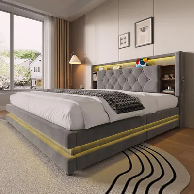 Imagen del producto de Cama tapizada Zerbaco, cama de matrimonio, 160x200 cm, con cajón integrado, sistema hidráulico, iluminación LED, puertos USB y Type-C, con somier, color gris oscuro