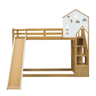 Produktbild von Etagenbett,Hausbett,Kinderbett,Hochbett mit Ecktreppe,Dach und Fenster, mit 3 Schließfächer in der Treppe, Etagenbett mit Rutsche, Kiefer+MDF