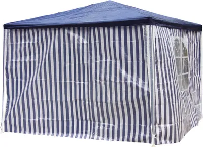 A blue and white striped gazebo with a window on one side, shown from the outside.