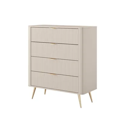 Zdjęcie produktu dla Komoda LANTE marki BETTSO Design, beżowa z żłobieniami, wysoka komoda z 4 szufladami, metalowe nóżki w kolorze złotym, luksusowa komoda do przedpokoju i sypialni, 88 x 101 cm