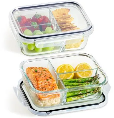 Produktbild von Glas Meal Prep Boxen 3-Compartimenten - Gläser Set von 2 mit Dichtungen 1000ml - Luftsicher - BPA-frei - Gefrier- und Mikrowellengeeignet