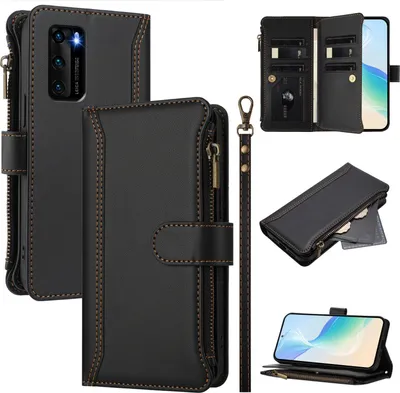 Obrázek produktu pro Pouzdro pro Huawei P40, zipem, peněženkovéPolyuretankožené flip pouzdro s kapsami na karty, stojánkem a poutkem na ruku černý