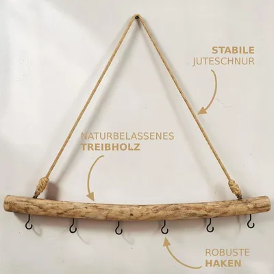 Produktbild von Deko Holzstange mit Kordel & Haken, AST Holz Treibholz Deko Hänger, Dekoration Stock Dekoast Holzbalken Dekozweig zum aufhängen, Fensterdeko Türhänger Wanddeko, Größe, Größe:80cm mit 6 Haken