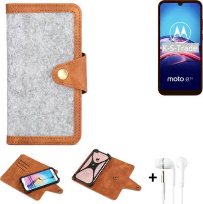 Produktbild von K-S-Trade Handyhülle + Kopfhörer kompatibel mit Motorola E6s Schutzhülle Filz Hülle Kunstleder hellgrau braun (1x)