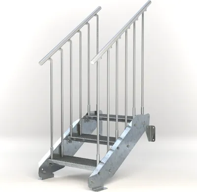 Produktbild von Stahltreppe 3 Stufen bis Höhe 64 cm, Laufbreite : 60 cm beidseitiges Geländer ST 2 (31 / 31 mm gezackt)