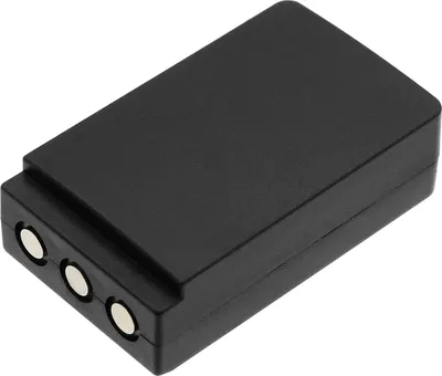 A black battery pack with three circular contacts on one end, shown at an angle against a white background.