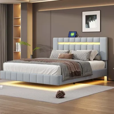Obrázek produktu pro Čalouněná postel AIORBER, 160x200 cm, s LED osvětlením, konstrukce čela, robustní a stabilní, prodyšná lněná tkanina, plovoucí rám postele, šedá barva