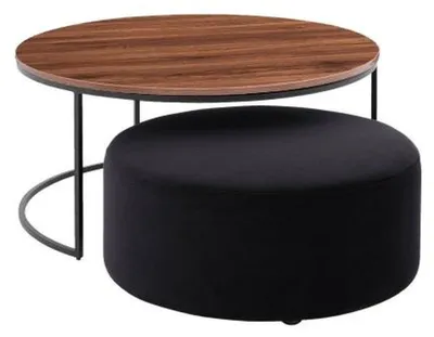 Produktbild von Brauner Couchtisch + Textil gepolsterter schwarzer Sitzhocker Set