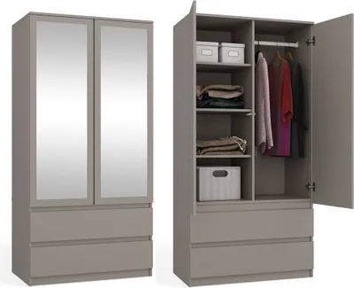 A two-door wardrobe with mirrored doors, shown closed on the left and open on the right, displaying clothes and storage boxes inside.
