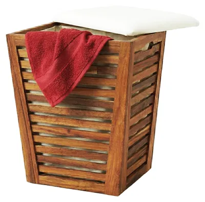 Waschkorb mit Sitzbank, 50 l, Akazienholz, braun/weiß