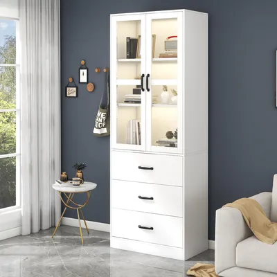 Image de OKWISH Vitrine avec Éclairage LED et 3 Tiroirs - Armoire Vitrine Moderne avec Étagères Réglables pour Salon - 60x40x200 cm - Blanc
