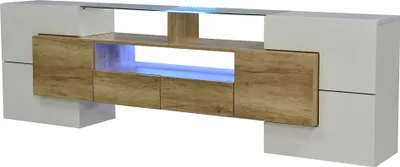 Produktbild von okwish Stilvoller TV-Schrank, Lowboard, hochglänzendes Weißes TV-Ständer mit LED-Beleuchtung und Glasoberfläche 200 cm L, Natur