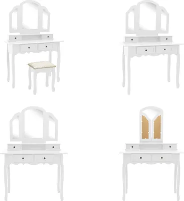 Produktbild von vidaXL Schminktisch Set mit Hocker Weiß 100x40x146 cm Paulownia Holz - Schminktisch - Schminktische - Schminktisch-Set - Schminktisch-Sets