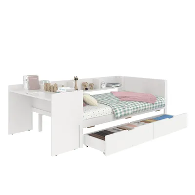 A white bed frame with integrated desk and shelves, shown with drawers pulled out.