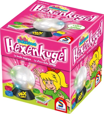 A product box for the Bibi Blocksberg Hexenkugel game, showing the game's components and characters.
