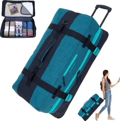 A collage of images showing a large teal and dark blue striped trolley bag, an open view of the bag packed with clothes and shoes, and a woman pulling the trolley bag.