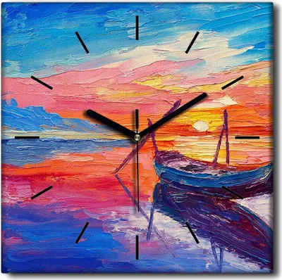 Produktbild von Coloray Uhr auf Leinwand 30x30 cm Wand Uhr Dekoration Wohnzimmer Segeltuch schwarze Hände -Sonnenuntergangboot