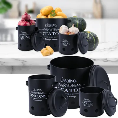 Produktbild von Stilvolle Vorratsbehälter, 3 Stück, Kartoffeln, Zwiebeln, Knoblauch, schwarz, praktische Aufbewahrungsbehälter mit Deckel und Luftlöchern