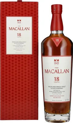 A bottle of Macallan 18 Years Old Scotch Whisky and its gift box are displayed against a white background.