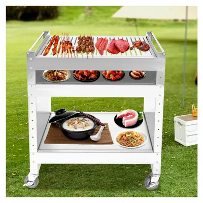 Produktbild von Edelstahl-Grillwagen mit Arbeitsfläche 59 x 40,5 x 82 cm, mobiler Barbecue-Wagen, Outdoor-Grilltisch, Picknickwagen, Gartentrolley, höhenverstellbar von 18-60 cm