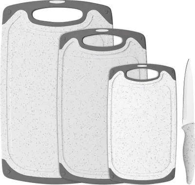 Produktbild von Schneidebrett-Set, 4-teilig, inkl. Messer, Granit-Look, weiß