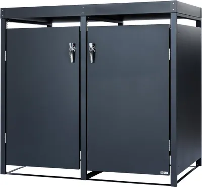 A dark gray metal trash can enclosure with two doors and a flat top.