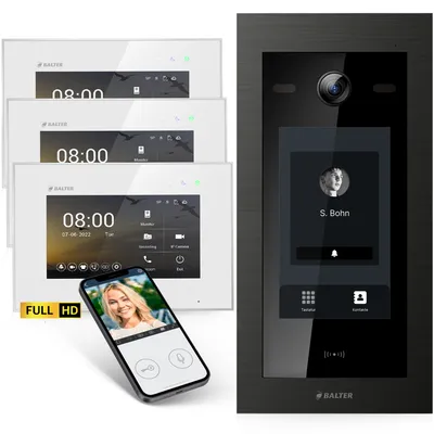 Produktbild von Balter EVO-HD Video Türsprechanlage mit Touchscreen schwarz, App, 1 Familienhaus, 3x 7 Zoll Monitor, Türklingel mit Kamera Full HD, 2 Draht Bus