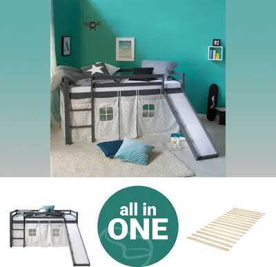 Produktbild von Homestyle4u Kinder Hochbett 90x200 grau mit Lattenrost Rutsche Vorhang