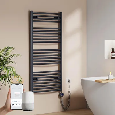 Image de Radiateur de salle de bain EMKE Radiateur sèche-serviettes électrique courbé 600 WWi-Fi Thermostat intelligent 120 x 60 cm Anthracite Sèche-serviettes