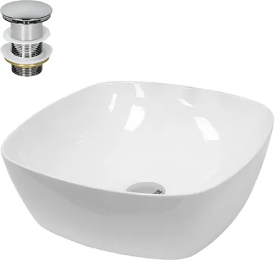 Produktbild von LuxeBath Waschbecken Aufsatzwaschbecken Rund, Ø 40,5x14 cm, Weiß, aus Keramik, inkl. Ablaufgarnitur ohne Überlauf
