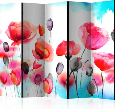 Produktbild von Akusticher Raumteiler Mohnblumen Foto Paravent 225x172 cm beidseitig auf Vlies-Leinwand bedruckt Akustikschaum Trennwand Spanische Wand Sichtschutz Home Office Blumen Wiese Natur b-C-0420-z-c