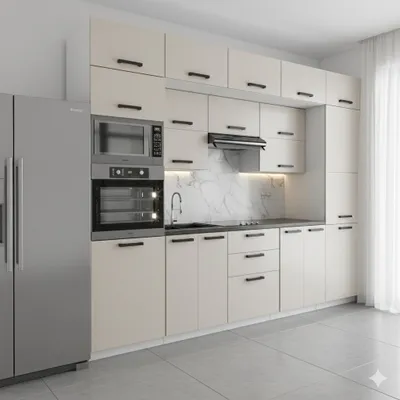 Zdjęcie produktu dla ULWEHOME Meble kuchenne Zestaw mebli kuchennych Kuchnia Neapol 300cm | szafka • blat • słupek piekarnik-mikrofala •słup gospodarczy•regał | Kaszmir 3m