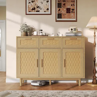 Produktbild von Sideboard Kommode mit 3 Schubladen und 3 Türen, Boho Küchenschrank, Holz, 108x40x80cm
