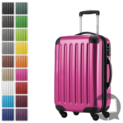 A pink carry-on suitcase is shown against a white background, with a collage of other color options to the left.