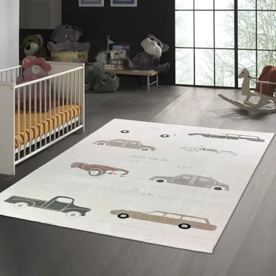 Produktbild von Kinderzimmerteppich mit Hoch-Tief-Effekt und Automuster in creme beige Größe - 240 x 340 cm