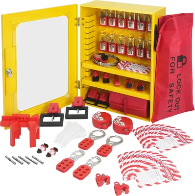Produktbild von SucceBuy 59-teiliges elektrisches Lockout-Tagout-Kit mit Vorhängeschlössern, Haspen, Etiketten, Kabelbindern, Steckerverriegelung, Leistungsschalterverriegelungen, Ventilverriegelungen und Tragetasche