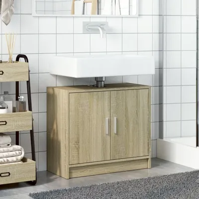 A bathroom vanity cabinet with a sink and faucet.