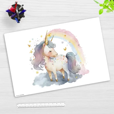 Produktbild von Schreibtischunterlage für Kinder und Erwachsene - Regenbogen Einhorn Aquarell - 60 x 40 cm - aus Premium Vinyl - Germany